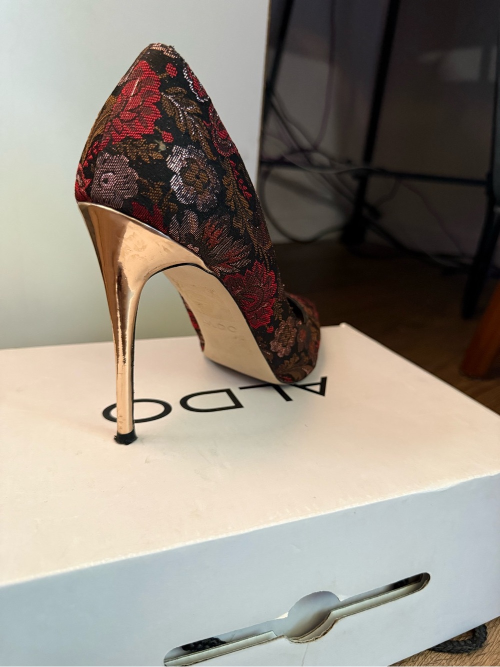 ALDO Floral Brocade Pointed Stiletto Heels in Black, Red and Pink - Picture 5 of 6